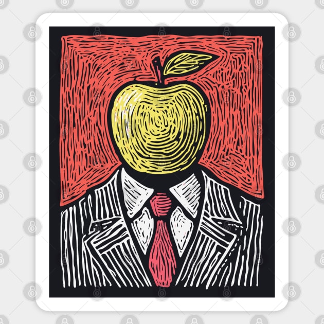 Tribute to Magritte – Apple Face Linocut Portrait Sticker by TuncGK